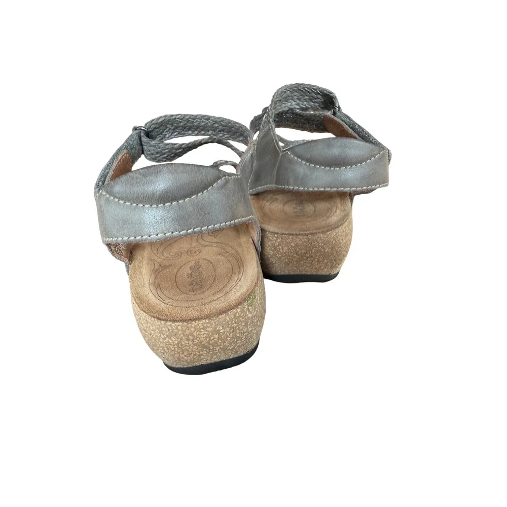 Taos Trulie Pewter Woven Leather Comfort Wedge Sandals Womens 7-7.5 EUR 38